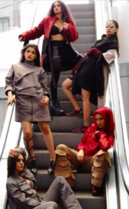 Models on elevator